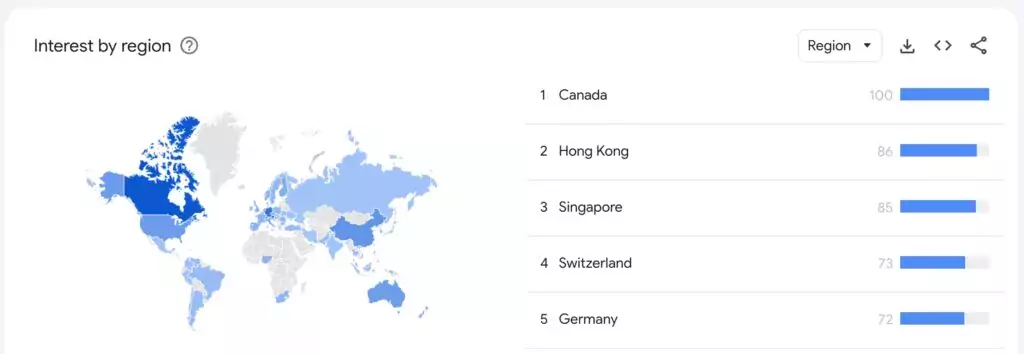 Интерес по регионам к ключевым словам «Bitcoin ETF». Источник: Google Trends